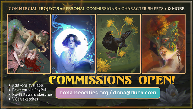 Commission banner with samples and contact info.
