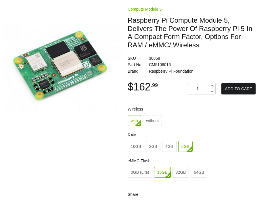 Screenshot of a Raspberry Pi CM 5 store page. The CM5 is priced at $162.99.